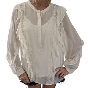 Simply Vera Vera Wang Sheer Lace Fairycore Ruffle Top Whimsical Blouse Size L